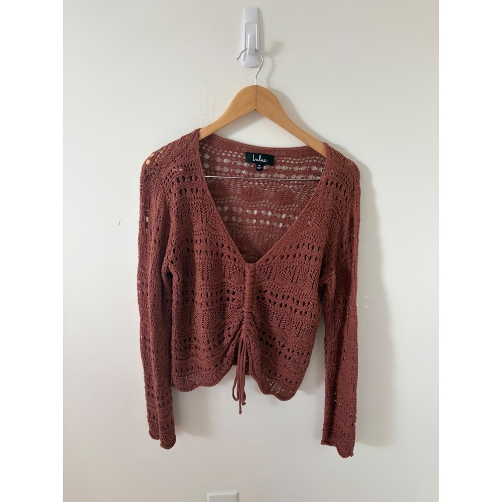 Lulus Rust Brown Open Knit Crochet Drawstring Front Cropped Cardigan Medium